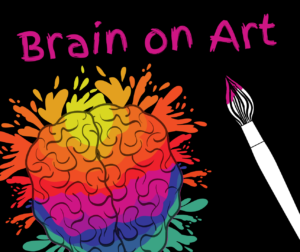 Brain-on-Art text with a brain painted with numerous colors and paintbrush