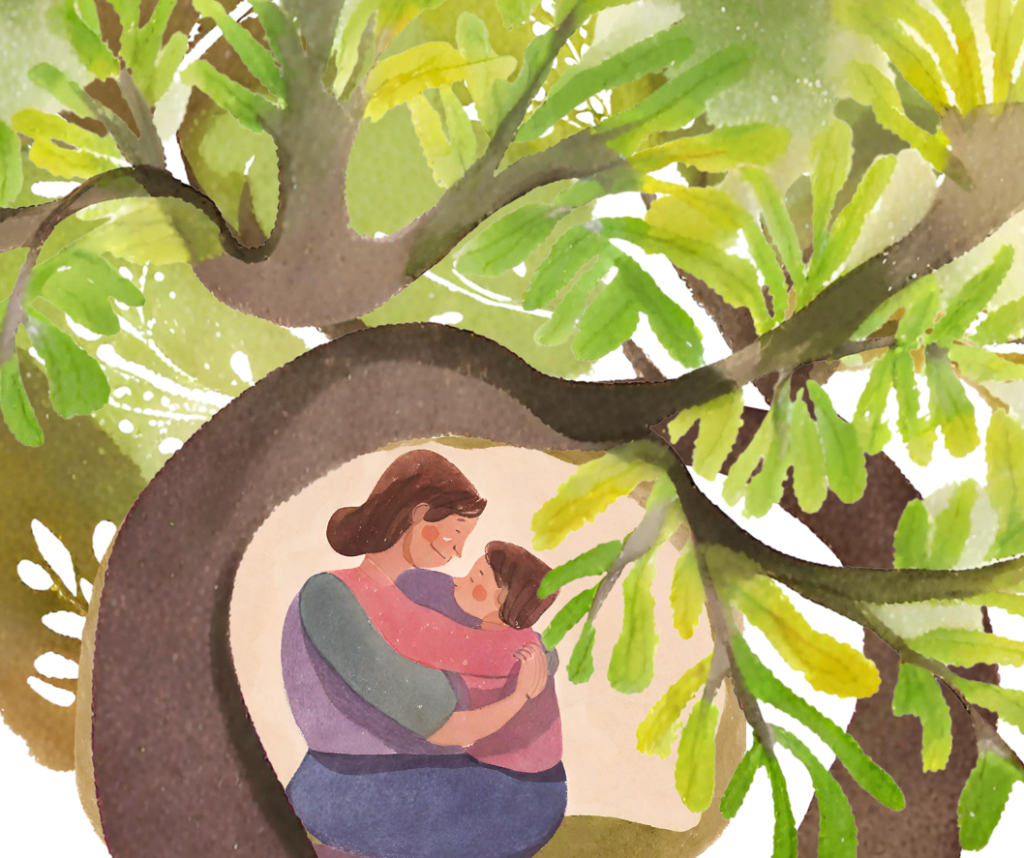 watercolor of trees surrounding a mother and child