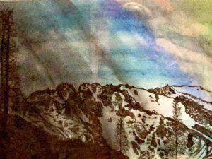 Watercolor of snowy mountains and sky