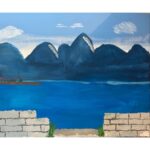Painting of lakeside dock with a mountain view painted at a This Is Your Brain On Art Event 6/1/2024