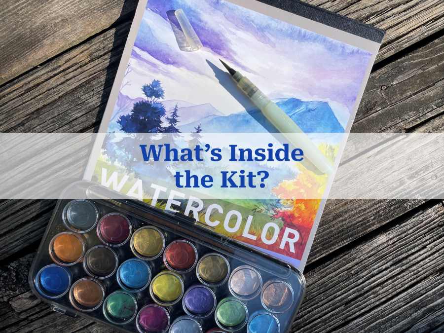 Image of watercolor paints and the words "What's in the art kit?"