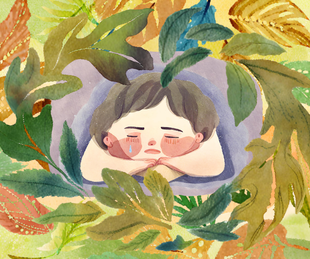 watercolor of boy hiding in thicket, leaves all around
